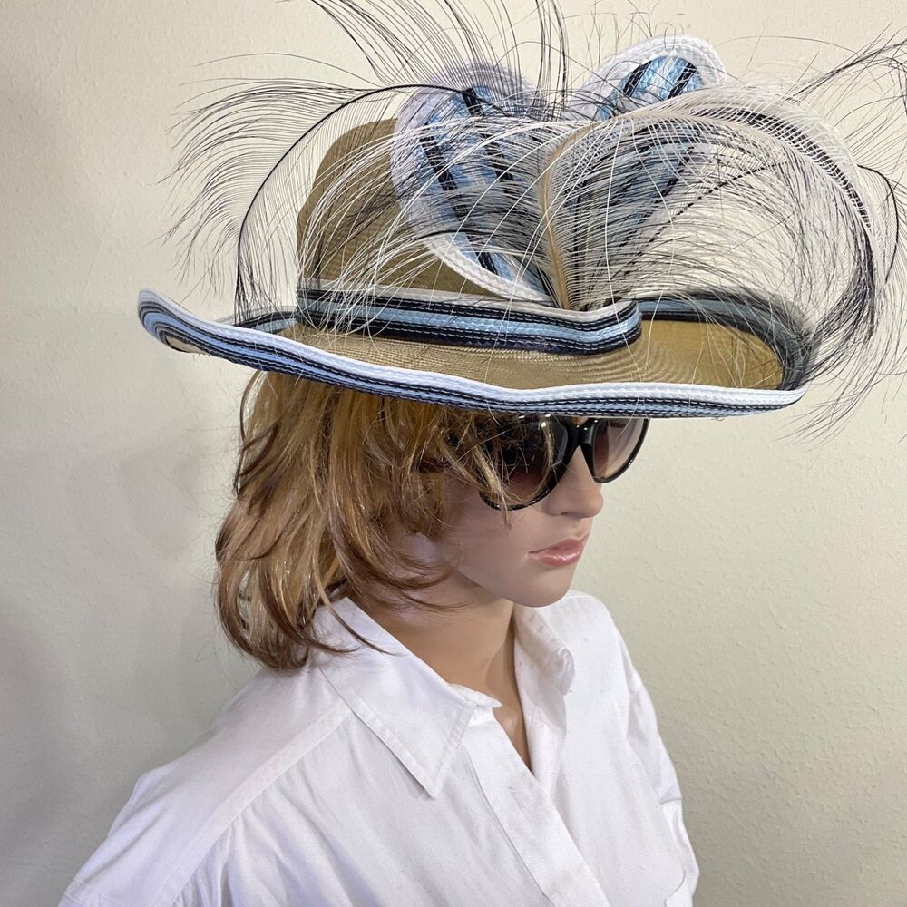 VTG  & Unique Mr. John Natural Straw Hat Bow Feathers Church Wide Brim TLC*